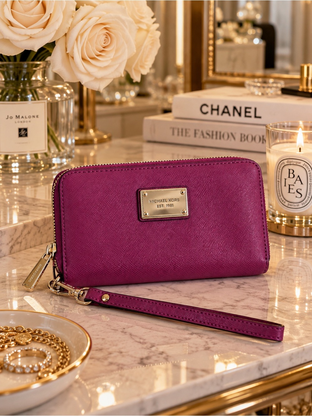 Michael Kors Berry Purple Saffiano Zip Around Wristlet Wallet